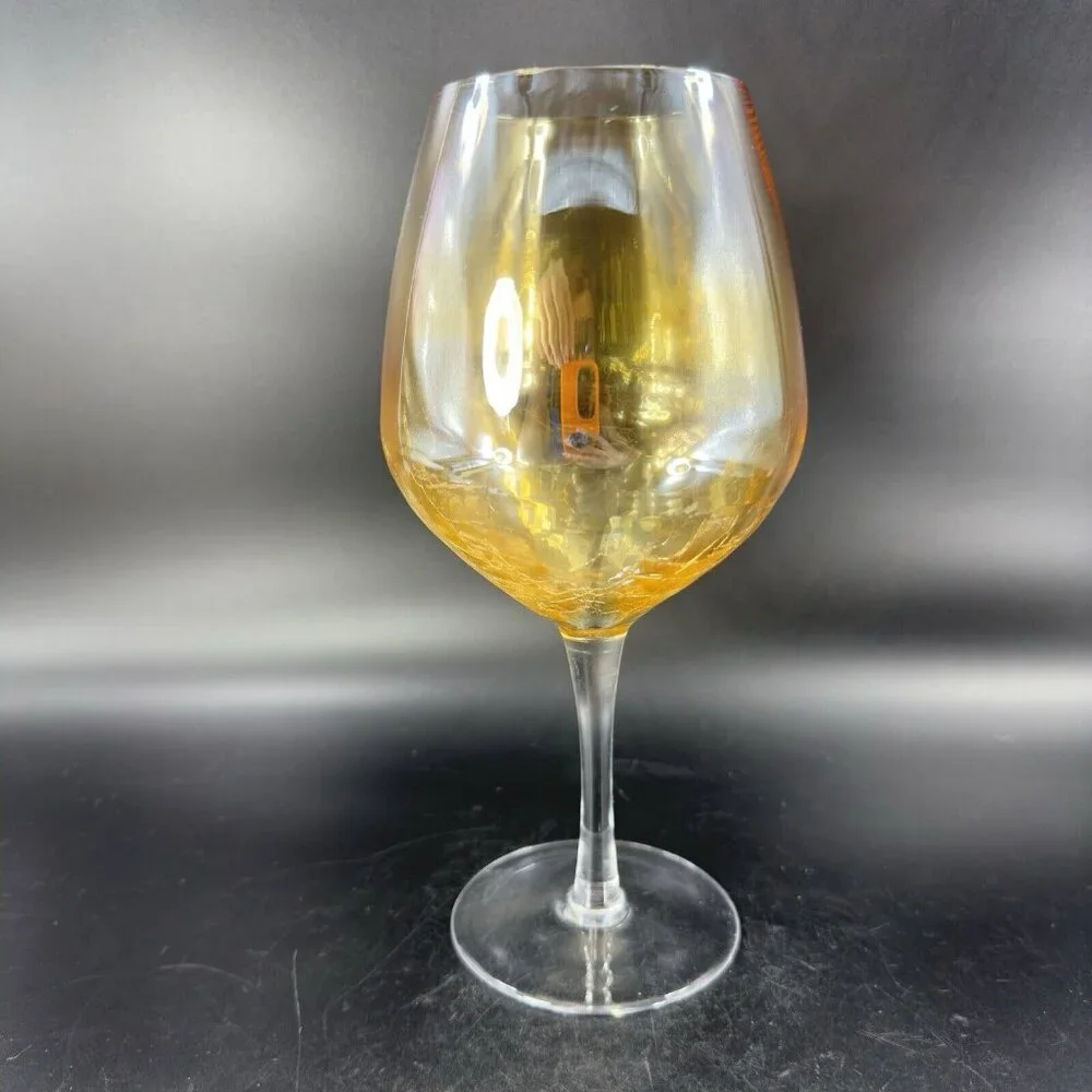 Pier 1 Glass Balloon Goblet Yellow Luster‎ Finish Crackled Glass Top Single 1